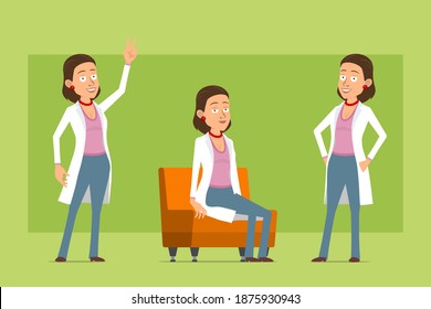Cartoon flat funny doctor woman character in white uniform. Girl posing, resting and showing peace sign. Ready for animation. Isolated on green background. Vector set.
