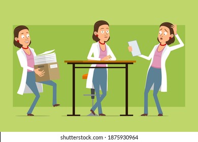 Cartoon flat funny doctor woman character in white uniform. Girl carrying paper box and reading note. Ready for animation. Isolated on green background. Vector set.