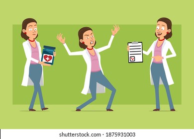 Cartoon flat funny doctor woman character in white uniform. Girl holding to do list and carrying medical jar. Ready for animation. Isolated on green background. Vector set.