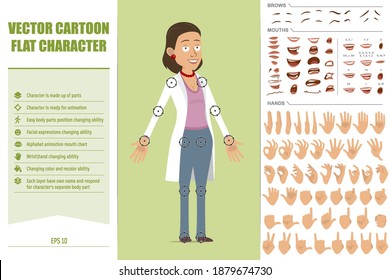 Cartoon flat funny doctor woman character in white uniform. Ready for animations. Face expressions, eyes, brows, mouth and hands easy to edit. Isolated on green background. Vector set.