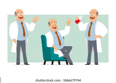 Cartoon flat funny fat bald doctor man character in white uniform with tie. Boy holding big pill and resting on sofa. Ready for animation. Isolated on green background. Vector set.