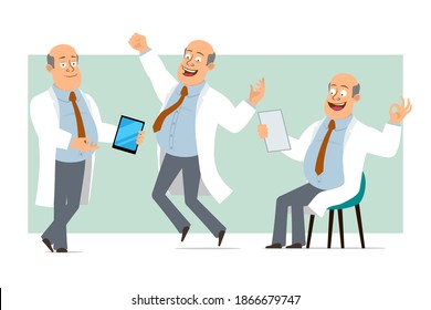 Cartoon flat funny fat bald doctor man character in white uniform with tie. Boy holding smart tablet and reading document. Ready for animation. Isolated on green background. Vector set.