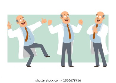 Cartoon flat funny fat bald doctor man character in white uniform with tie. Boy showing muscles and thumbs up gesture. Ready for animation. Isolated on green background. Vector set.