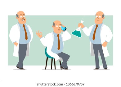 Caricatura plana gracioso gordo calvo doctor hombre personaje con uniforme blanco con corbata. Niño hablando por teléfono y sosteniendo frasco químico. Listo para la animación. Aislado sobre un fondo verde. Conjunto de vectores.