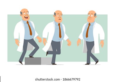 Cartoon flat funny fat bald doctor man character in white uniform with tie. Successful tired boy walking up to his goal. Ready for animation. Isolated on green background. Vector set.