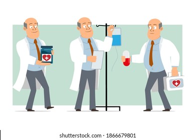 Cartoon flat funny fat bald doctor man character in white uniform with tie. Boy holding pill and carrying medical first aid kit. Ready for animation. Isolated on green background. Vector set