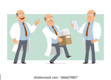 Cartoon flat funny fat bald doctor man character in white uniform with tie. Boy carrying paper box and reading note. Ready for animation. Isolated on green background. Vector set.