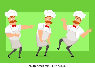 Cartoon flachen lustigen Fett Koch Mann Charakter in weißer Uniform und Bäcker Hut. Junge traurig, müde, lacht, springt und tanzt. Bereit für Animation. Einzeln auf grünem Hintergrund. Vektorsymbol-Set.