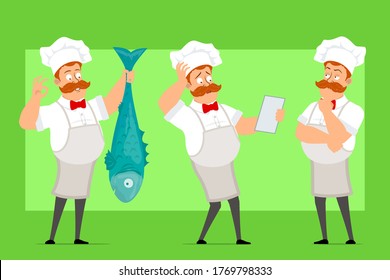 Cartoon flat funny fat chef cook man character in white uniform and baker hat. Boy showing okay gesture and holding big fish. Ready for animation. Isolated on green background. Vector icon set.