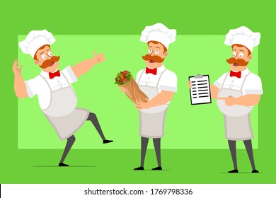 Cartoon flat funny fat chef cook man character in white uniform and baker hat. Boy holding kebab, menu and showing thumbs up sign. Ready for animation. Isolated on green background. Vector icon set.