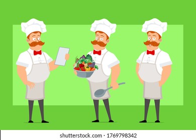 Cartoon flat funny fat chef cook man character in white uniform and baker hat. Boy reading note and holding spoon with vegetables. Ready for animation. Isolated on green background. Vector icon set.