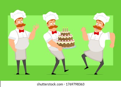 Cartoon flachen lustigen Fett Koch Mann Charakter in weißer Uniform und Bäcker Hut. Junge, der Geburtstagskuchen trägt und ein gutes Schild zeigt. Bereit für Animation. Einzeln auf grünem Hintergrund. Vektorsymbol-Set.