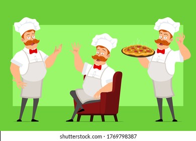 Cartoon flat funny fat chef cook man character in white uniform and baker hat. Boy resting, carrying italian pizza with salami. Ready for animation. Isolated on green background. Vector icon set.