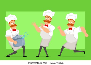 Cartoon flat funny fat chef cook man character in white uniform and baker hat. Boy running and carrying stew pot with hot water. Ready for animation. Isolated on green background. Vector icon set.