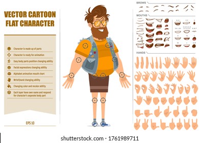 Cartoon flat funny fat hipster man character in jerkin and sunglasses. Ready for animation. Face expressions, eyes, brows, mouth and hands easy to edit. Isolated on white background. Big vector set.