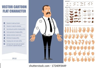 Cartoon flat funny fat office worker with mustache and black tie. Ready for animation. Face expressions, eyes, brows, mouth and hands easy to edit. Isolated on blue background. Big vector icon set.