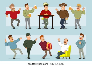 Cartoon flat funny fat smiling man character in jeans and sweater. Boy carrying new year gift, holding beer and showing okay sign. Ready for animation. Isolated on blue background. Vector set.