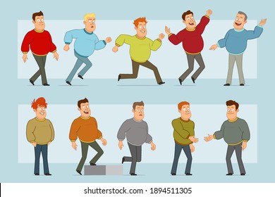 Cartoon flat funny fat smiling man character in jeans and sweater. Boy shaking hands, running and walking up to his goal. Ready for animation. Isolated on blue background. Vector set.