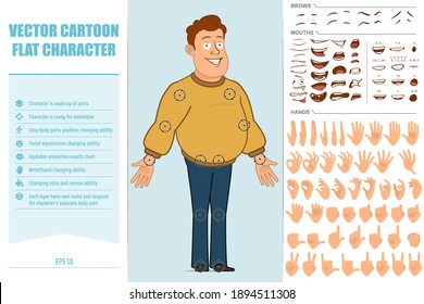 Cartoon flat funny fat smiling man character in jeans and sweater. Ready for animations. Face expressions, eyes, brows, mouth and hands easy to edit. Isolated on blue background. Vector set.