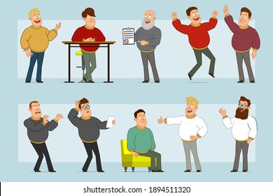 Cartoon flat funny fat smiling man character in jeans and sweater. Boy resting, jumping, showing thumbs up, peace and okay sign. Ready for animation. Isolated on blue background. Vector set.