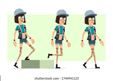 Cartoon Flat Funny Hipster Girl Character In Trucker Cap, Glasses And Jeans Shorts. Ready For Animation. Successful Tired Girl Walking To Her Goal. Isolated On Olive Background. Vector Set.