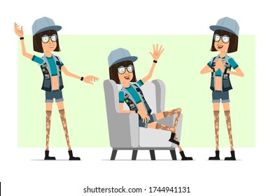 Cartoon flat funny hipster girl character in trucker cap, glasses and jeans shorts. Ready for animation. Girl resting on sofa chair and showing hello gesture. Isolated on olive background. Vector set.