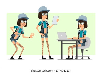 Cartoon Flat Funny Hipster Girl Character In Trucker Cap, Glasses And Jeans Shorts. Ready For Animation. Girl Sneaking, Reading Note And Working On Laptop. Isolated On Olive Background. Vector Set.