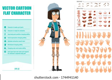 Cartoon flat funny hipster girl character in cap and jeans shorts. Ready for animation. Face expressions, eyes, brows, mouth and hands easy to edit. Isolated on white background. Big vector set.