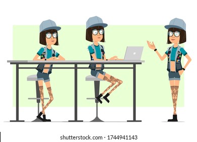 Cartoon Flat Funny Hipster Girl Character In Trucker Cap, Glasses And Jeans Shorts. Ready For Animation. Girl Working On Laptop And Posing For Photo. Isolated On Olive Background. Vector Set.