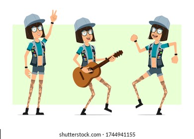 Cartoon flat funny hipster girl character in trucker cap, glasses and jeans shorts. Ready for animation. Girl dancing, playing guitar and showing peace sign. Isolated on olive background. Vector set.