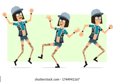 Cartoon flat funny hipster girl character in trucker cap, glasses and jeans shorts. Ready for animation. Cute girl jumping and dancing. Isolated on olive background. Vector set.