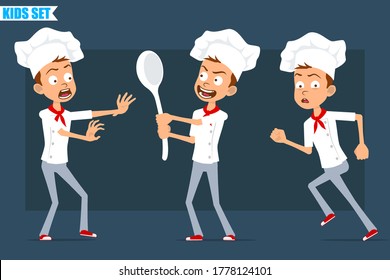 Cartoon flat funny little chef cook boy character in white uniform and baker hat. Kid scared, holding big spoon and running. Ready for animation. Isolated on blue background. Vector set.