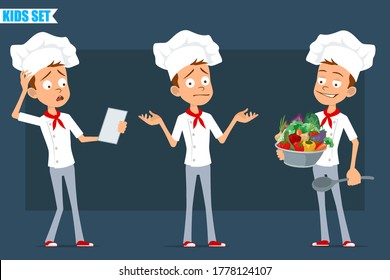 Cartoon flat funny little chef cook boy character in white uniform and baker hat. Kid reading note and holding spoon with vegetables. Ready for animation. Isolated on blue background. Vector set.