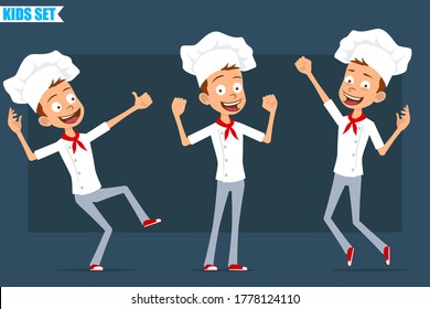 Cartoon flat funny little chef cook boy character in white uniform and baker hat. Kid showing strong muscles, jumping and dancing. Ready for animation. Isolated on blue background. Vector set.