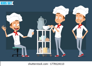 Cartoon flat funny little chef cook boy character in white uniform and baker hat. Kid showing ok sign and walking with coffee hotel table. Ready for animation. Isolated on blue background. Vector set.