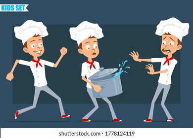 Cartoon flat funny little chef cook boy character in white uniform and baker hat. Kid running and carrying stew pot with hot water. Ready for animation. Isolated on blue background. Vector set.