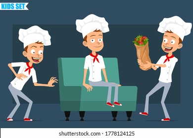 Cartoon flat funny little chef cook boy character in white uniform and baker hat. Kid resting on sofa and carrying tasty shawarma. Ready for animation. Isolated on blue background. Vector set.