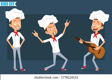 Cartoon Flat Funny Little Chef Cook Boy Character In White Uniform And Baker Hat. Kid Jumping, Dancing And Playing Rock On Guitar. Ready For Animation. Isolated On Blue Background. Vector Set.