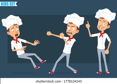 Caricatura llana graciosa cocinera un personaje de chico con uniforme blanco y sombrero de panadero. Niño mostrando la señal de atención, luchando y cayendo. Listo para la animación. Aislado sobre fondo azul. Conjunto de vectores.