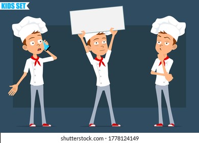 Cartoon flat funny little chef cook boy character in white uniform and baker hat. Kid holding blank sign, thinking and talking on phone. Ready for animation. Isolated on blue background. Vector set.