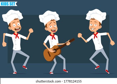 Cartoon Flat Funny Little Chef Cook Boy Character In White Uniform And Baker Hat. Kid Jumping, Dancing And Playing Rock On Guitar. Ready For Animation. Isolated On Blue Background. Vector Set.