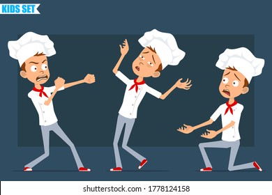 Cartoon flat funny little chef cook boy character in white uniform and baker hat. Kid running, fighting and falling down. Ready for animation. Isolated on blue background. Vector set.