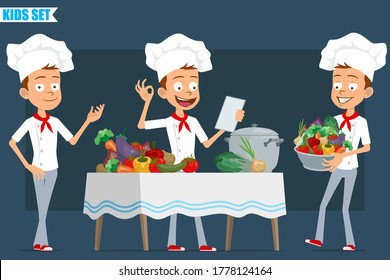 Caricatura llana graciosa cocinera un personaje de chico con uniforme blanco y sombrero de panadero. Niños leyendo notas y cocinando con verduras. Listo para la animación. Aislado sobre fondo azul. Conjunto de vectores.