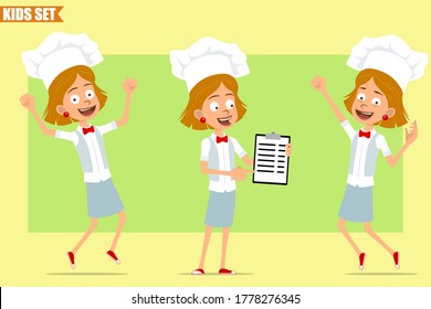 Cartoon flat funny little chef cook girl character in white uniform and baker hat. Kid jumping and showing task tablet. Ready for animation. Isolated on olive background. Vector set.