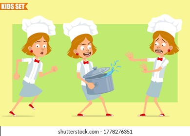 Cartoon flat funny little chef cook girl character in white uniform and baker hat. Kid running and carrying stew pot with hot water. Ready for animation. Isolated on olive background. Vector set.