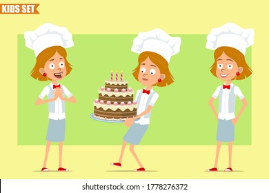 Cartoon flat funny little chef cook girl character in white uniform and baker hat. Kid carrying birthday cake and posing. Ready for animation. Isolated on olive background. Vector set.