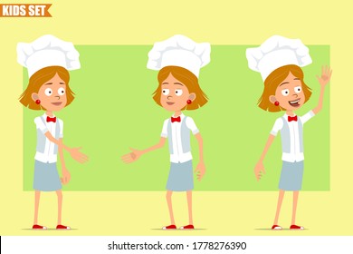 Cartoon flat funny little chef cook girl character in white uniform and baker hat. Kid shaking hands and showing hello gesture. Ready for animation. Isolated on olive background. Vector set.