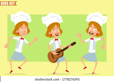 Cartoon Flat Funny Little Chef Cook Girl Character In White Uniform And Baker Hat. Kid Jumping, Dancing And Playing Rock On Guitar. Ready For Animation. Isolated On Olive Background. Vector Set.