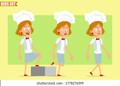 Cartoon flat funny little chef cook girl character in white uniform and baker hat. Successful tired kid walking forward to her goal. Ready for animation. Isolated on olive background. Vector set.