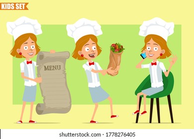 Cartoon flat funny little chef cook girl character in white uniform and baker hat. Kid talking on phone, holding menu and shawarma. Ready for animation. Isolated on olive background. Vector set.